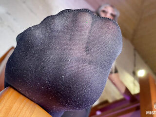 My odor feet in black stockings tease above you face on the ladder