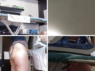 Sexy MILF, hairy pussy, big ass, vacuum cleaner in empty house.