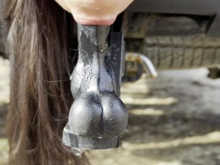 Depraved brunette rides dildo on the pickup in pervy outdoor solo show