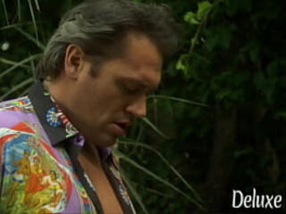 Horny man finds blonde milf playing with her wet pussy in the garden