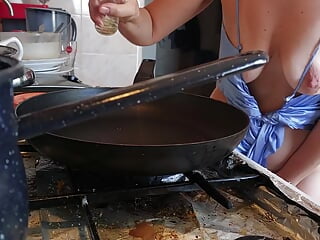 Stellar dark haired bare in the kitchen. Latina fur covered honeypot, thick bootie, thick jugs, thick nips.