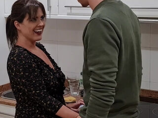 Hot Spanish MILF seduces a horny guy and fucks with him in her kitchen