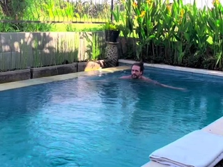 Luving the pool and his rock rigid device