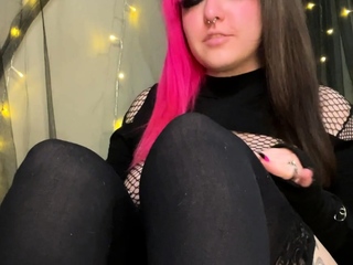 Brunette with foot fetish rubs big dick with her feet in POV