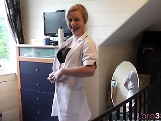 English nurse couple sucking pipe in point of view