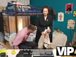 Redhead mature teacher feasts on a naughty student's big cock