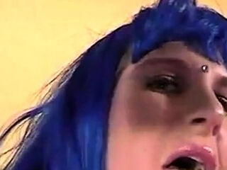 Blue wig crossdresser sucking