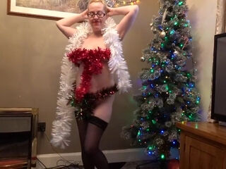 Dancing Striptease In Holdup stocking And Tinsel For Christmas
