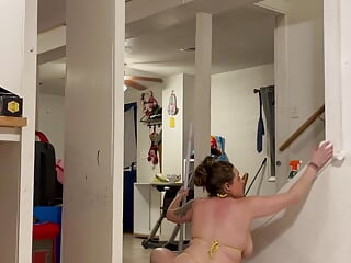 Meaty insatiable wifey cleaning in swimsuit